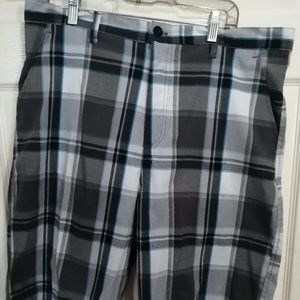 Men's Blue Gear Bg Plaid Twill Shorts Black and Light Blue, Gently Used